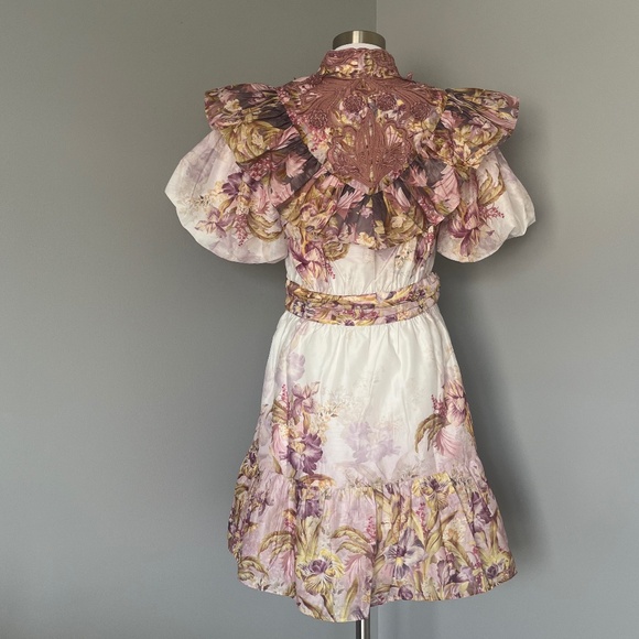 Karen Millen Floral Applique Crinkle Woven Cocktail Balloon Sleeves Mini Dress 8 - Picture 6 of 11